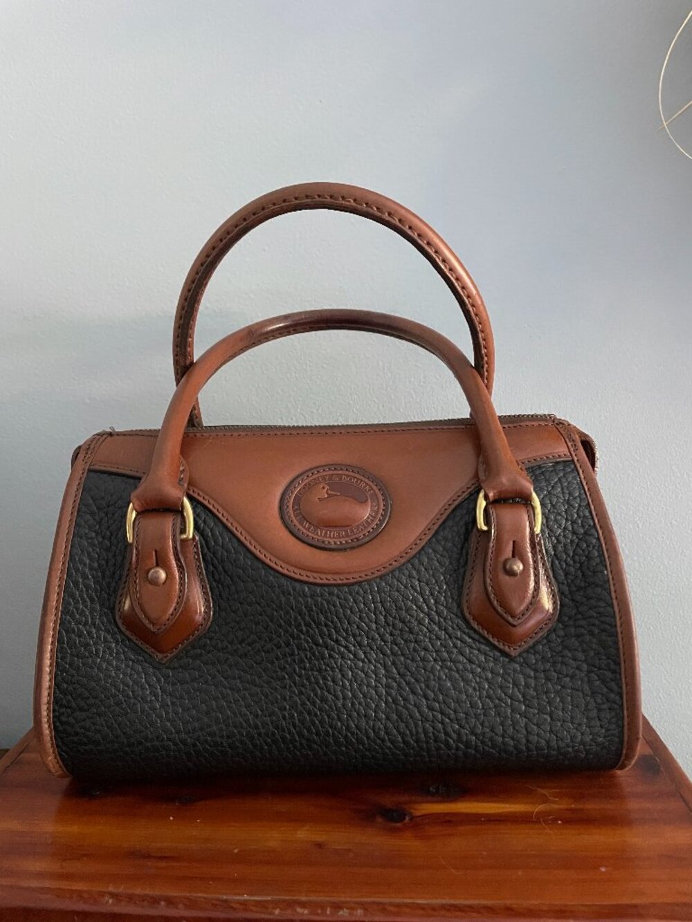 Vintage Dooney & Bourke All Weather Leather Zip Top Black Tan Satchel Handbag